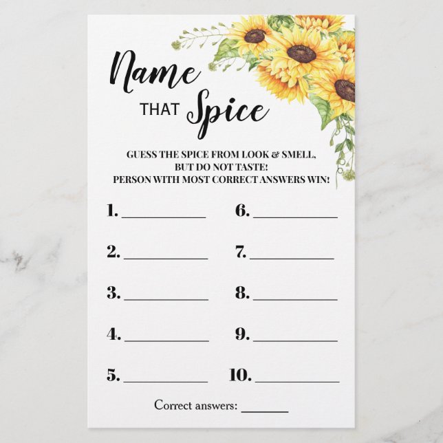 Sunflowers Name that Spice Bridal Shower Game Card (Front)