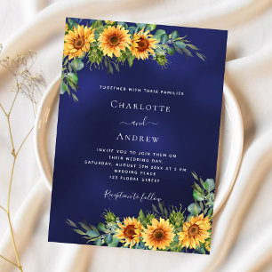Sunflowers navy blue budget wedding invitation
