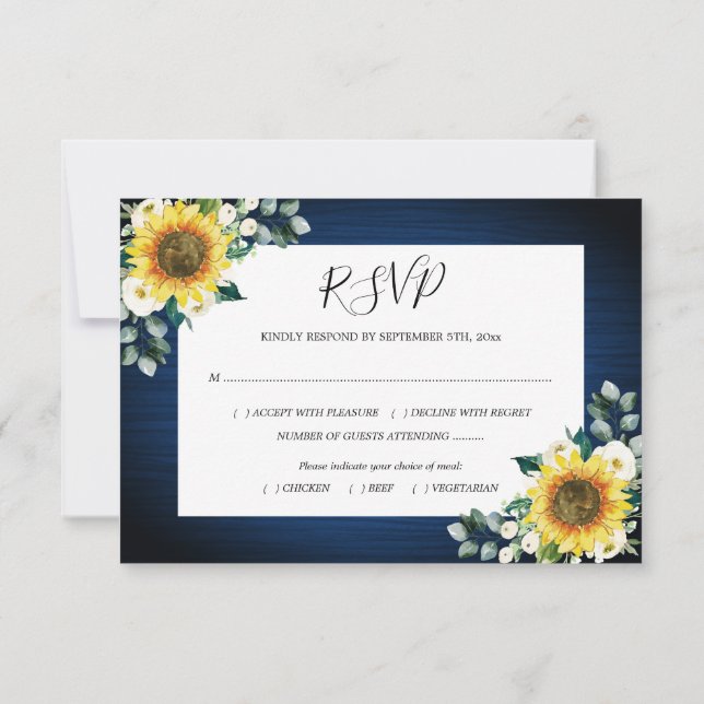 Sunflowers Navy Blue Floral Geometric Wedding Meal RSVP Card (Back)