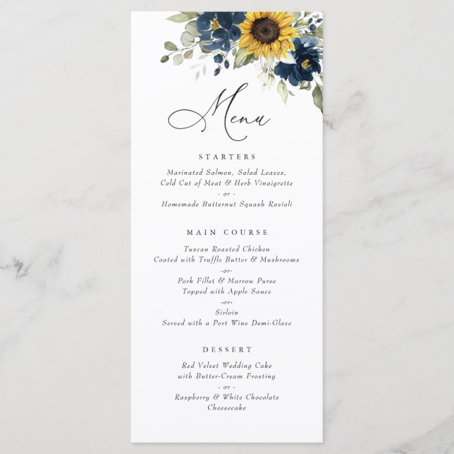 Sunflowers Navy Blue Floral Greenery Wedding Menu (Front)