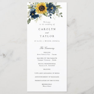 Sunflowers Navy Blue Floral Greenery Wedding Program