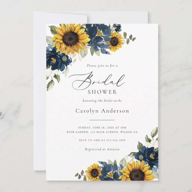 Sunflowers Navy Blue Floral Rustic Bridal Shower Invitation (Front)
