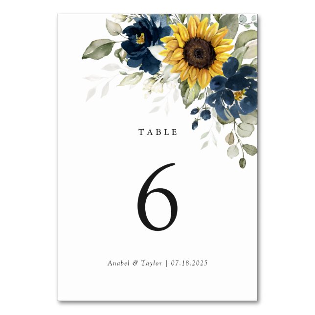 Sunflowers Navy Blue Floral Wedding Table Number (Front)