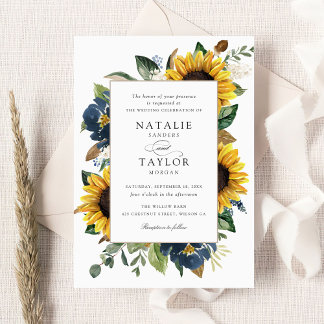 Sunflowers Navy Blue Flowers Greenery Wedding  Invitation