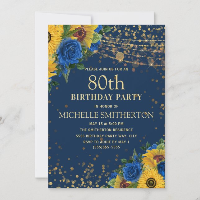 Sunflowers Navy Blue Gold String Lights 80th Invitation (Front)