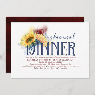 Sunflowers Navy Blue Red Fall Rehearsal Dinner Invitation