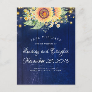 Sunflowers Navy Blue Rustic Country Save the Date Announcement Postcard
