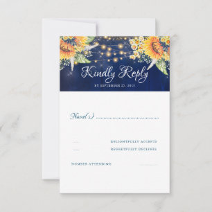 Sunflowers Navy Blue Rustic Wedding RSVP Card