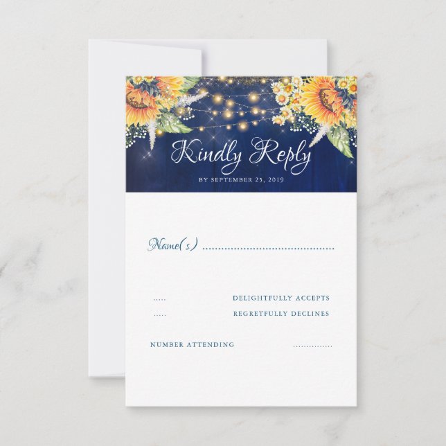 Sunflowers Navy Blue Rustic Wedding RSVP Card (Front)