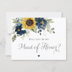 Sunflowers Navy Blue Wedding Maid of Honour Card