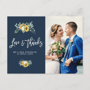 sunflowers navy blue wedding thank you photo card