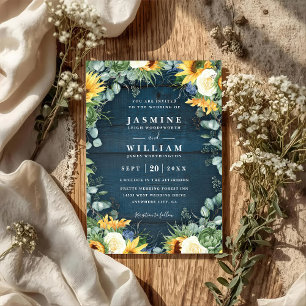 Sunflowers Navy Blue Wood Rustic QR Code Wedding Invitation