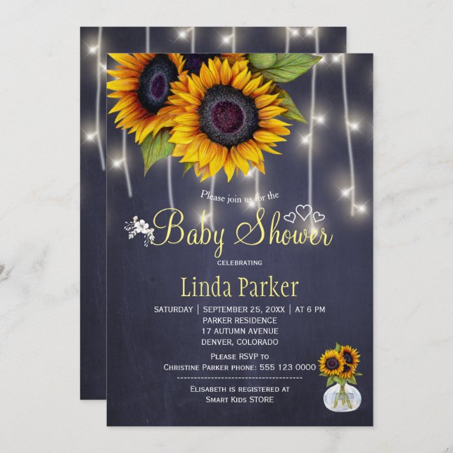 Sunflowers navy chalkboard autumn baby shower invitation (Front/Back)