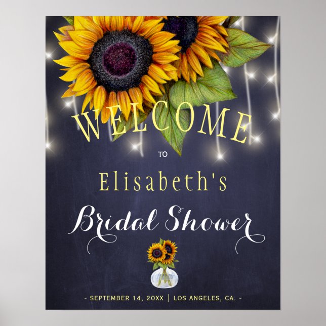 Sunflowers navy chalkboard autumn bridal shower poster (Front)