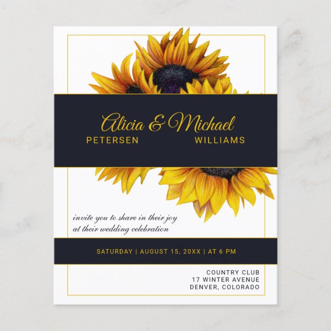 Sunflowers navy gold modern wedding invitation (Front)