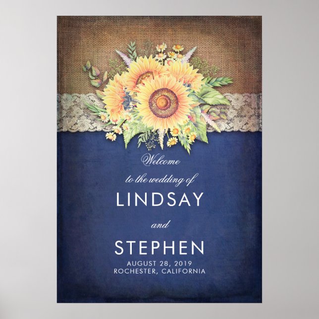 Sunflowers Navy Rustic Wedding Welcome Poster (Front)