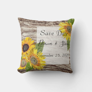 Sunflowers on a background of tree bark postcard cushion