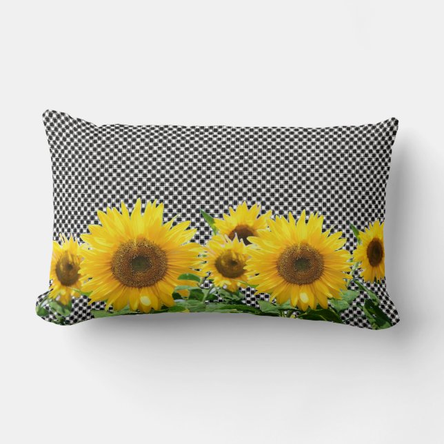 Sunflowers on black and white chess pattern lumbar cushion (Front)