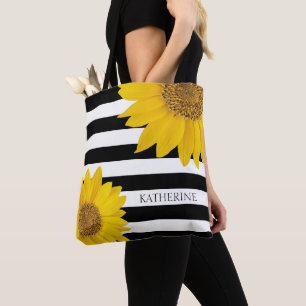 Sunflowers on Black and White Stripes Personalised Tote Bag