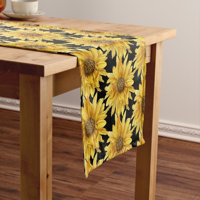 Sunflowers on Black Background Short Table Runner (In Situ)
