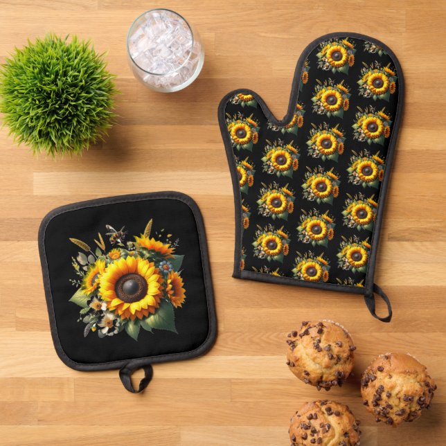 Sunflowers on Black Oven Mitt and Pot Holders Oven Mitt & Pot Holder Set (Top Down)