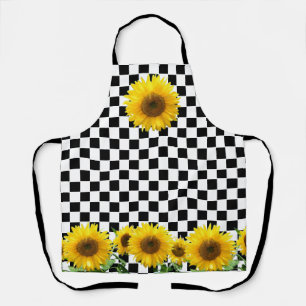 Sunflowers on Black White Chequerboard Pattern Apron