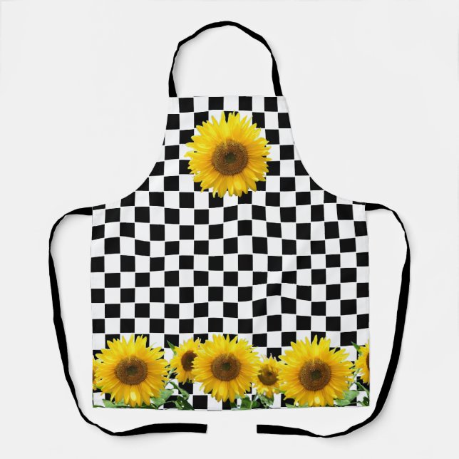 Sunflowers on Black White Chequerboard Pattern Apron (Front)