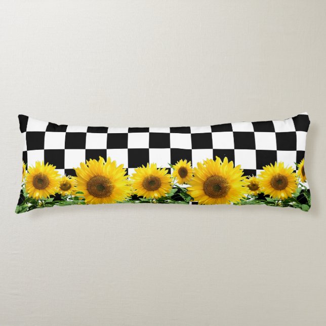 Sunflowers on Black White Chess Board Pattern Body Body Cushion (Front)