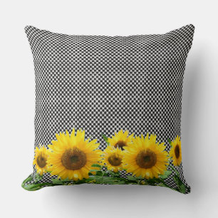 Sunflowers on black & white chess pattern cushion