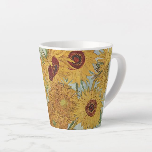 Sunflowers(on blue)-Vincent van Gogh Small Latte Mug (Right Angle)