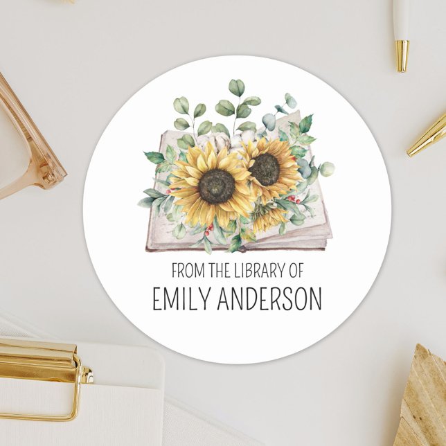 Sunflowers on Book From the Library of Bookplate Classic Round Sticker (Close up)