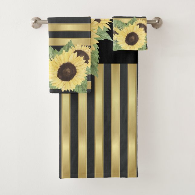 Sunflowers On Gold Black Stripes Bath Towel Set (Insitu)