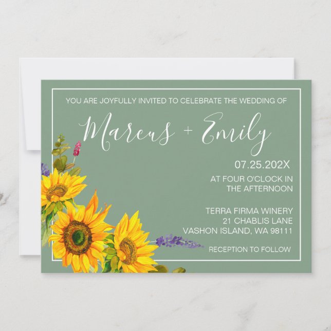 Sunflowers on Green Wedding Invitation (Front)