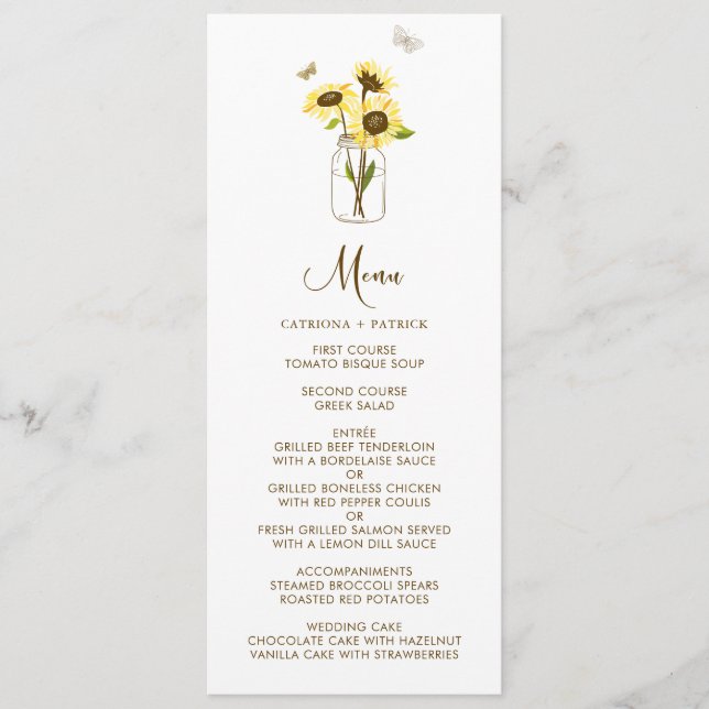 Sunflowers on Mason Jar Floral Menu Card (Front)