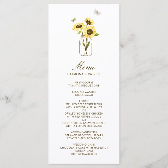 Sunflowers on Mason Jar Floral Wedding Menu Card (Front)