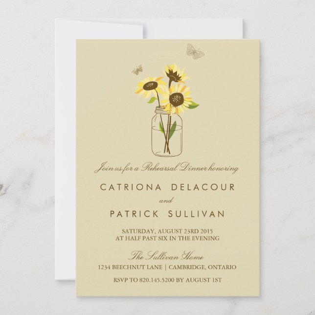 Sunflowers on Mason Jar Rehearsal Dinner Invite (Front)