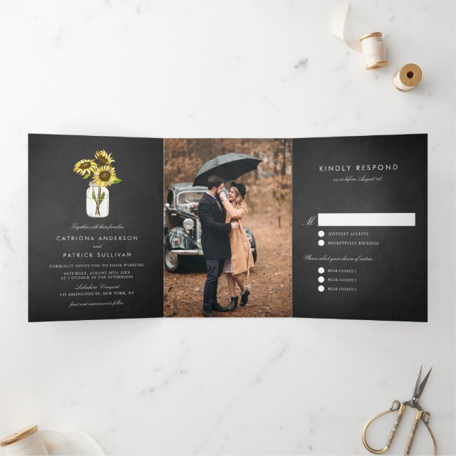 Sunflowers on Mason Jar Rustic Chalkboard Wedding Tri-Fold Invitation (Inside)