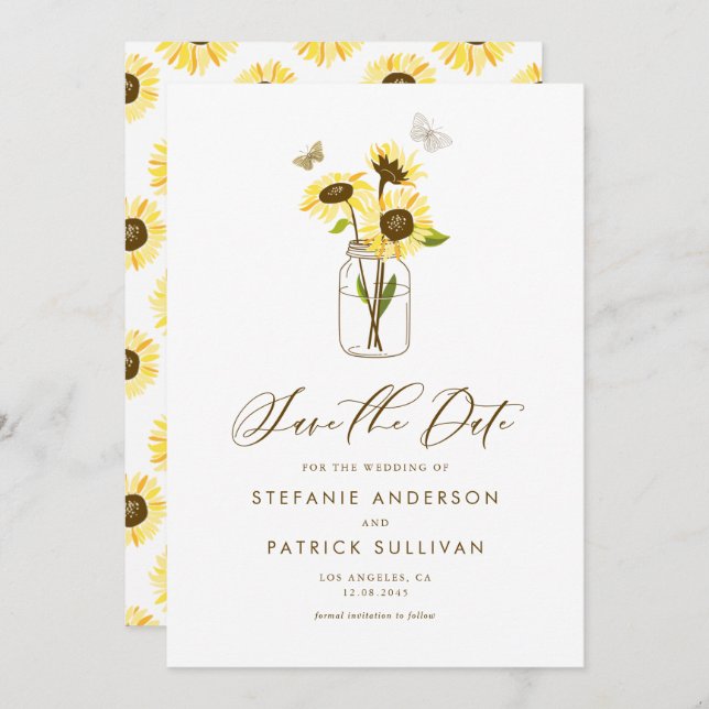 Sunflowers on Mason Jar Save the Date Announcement (Front/Back)