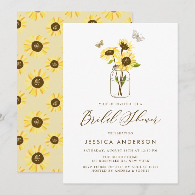 Sunflowers on Mason Jar Summer Bridal Shower Invitation (Front/Back)