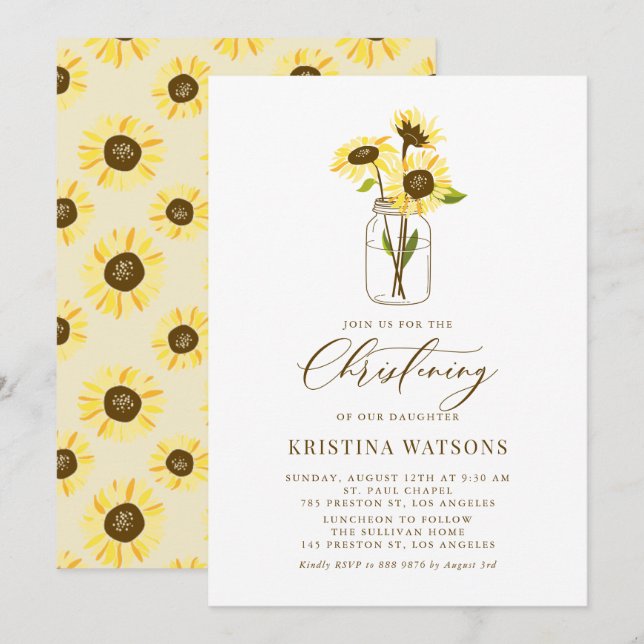 Sunflowers on Mason Jar Summer Christening Invitation (Front/Back)