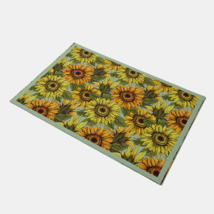 Sunflowers on Sage Background Foliage Orange Yello Doormat