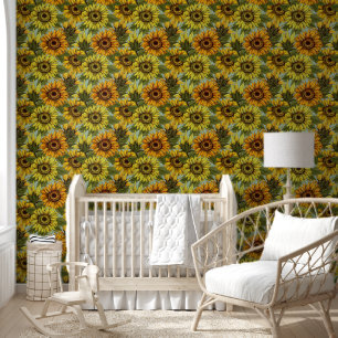 Sunflowers on Sage Background Foliage Orange Yello Wallpaper