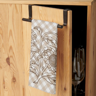 Sunflowers On Tan Beige Brown Gingham Pattern Tea Towel