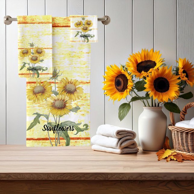Sunflowers on wood bath towel set (Creator Uploaded)
