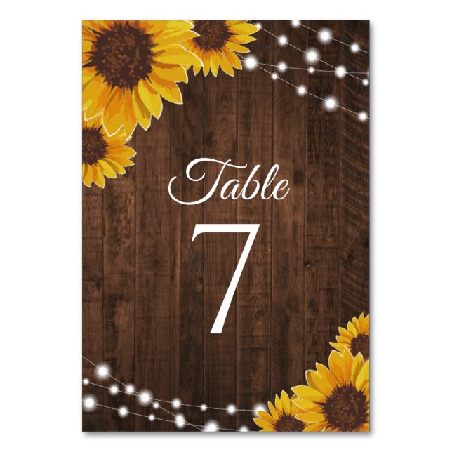 Sunflowers on Wood & String Lights Rustic Wedding Table Number (Front)