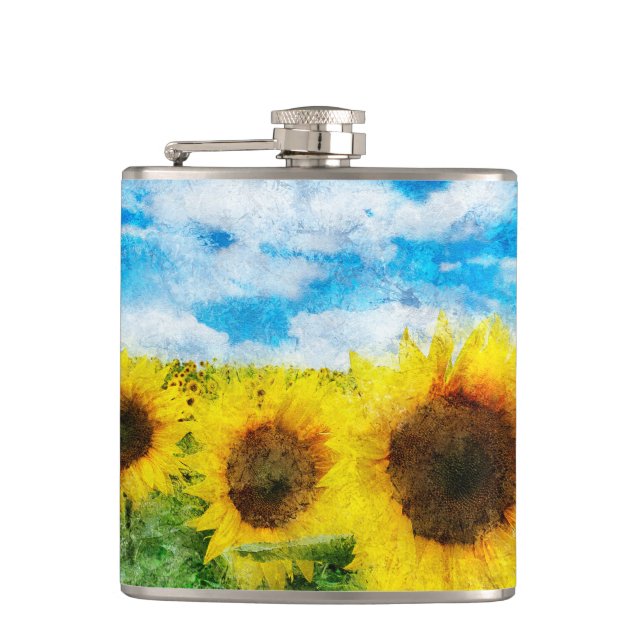 Sunflowers painting hip flask (Front)