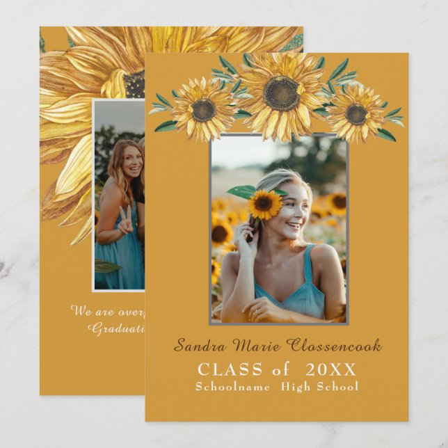 Sunflowers photo Modern Rustic Black Graduation An Announcement (Front/Back)
