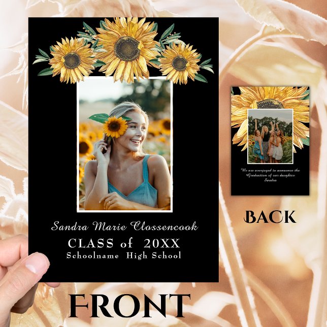 Sunflowers photo Modern Rustic Black Graduation Announcement (Creator Uploaded)