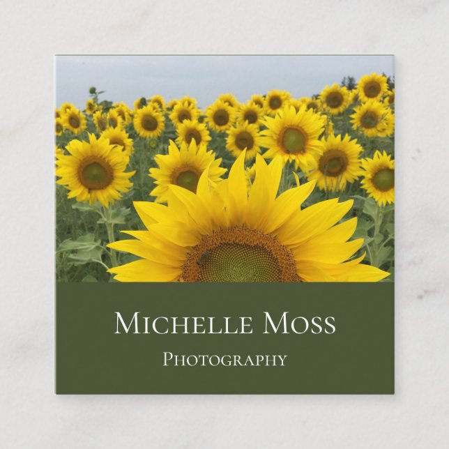 Sunflowers Photo Professional Photographer Green Square Business Card (Front)