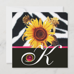 SUNFLOWERS ,PINK BLACK WHITE ZEBRA FUR MONOGRAM INVITATION